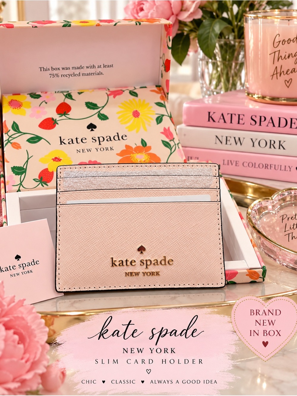 kate spade Blush Pink Slim Card Holder with Gold Logo
